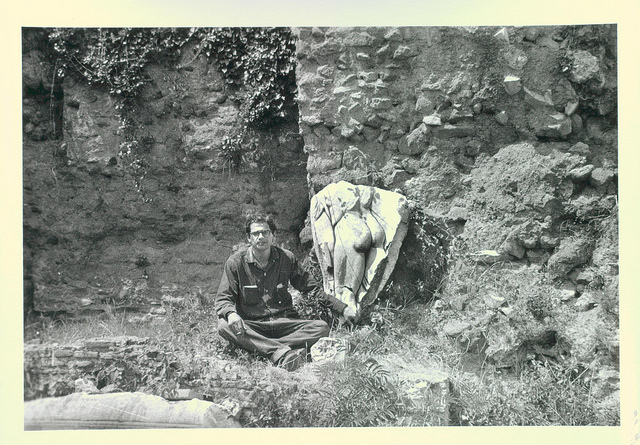 Allen Ginsberg sitting in grass, in front of stone wall