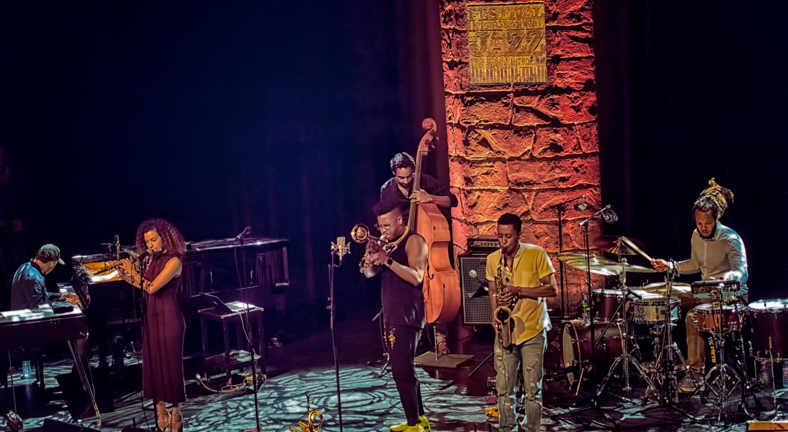 Samora Pinderhughes, Elena Pinderhughes, Christian Scott, Kriss Funn, Braxton Cook and Corey Fonville with Christian Scott Sextet at the Montreal International Jazz Festival 2016