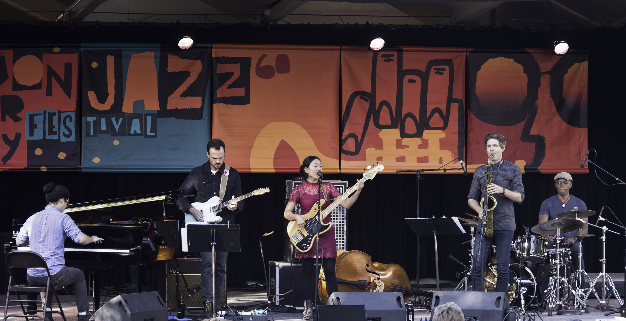 Fabian Almazan, Matthew Stevens, Linda May Han Oh, Ben Wendel and Rudy Royston with the Linda May Han Oh Quintet at the Monterey Jazz Festival