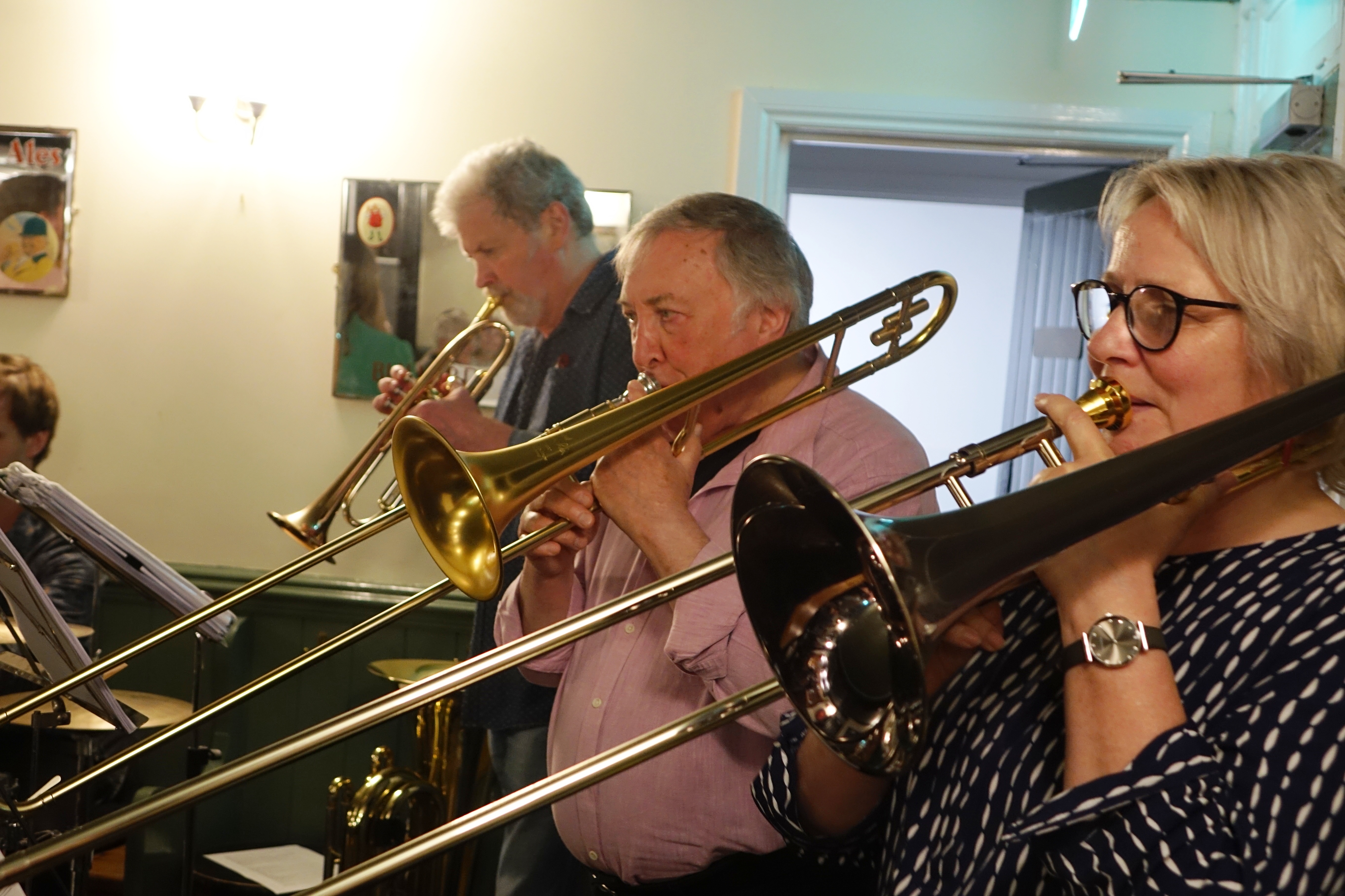 Ben Higham, Dave Amis and Annie Whitehead at Fat Percy, Norwich in May 2019