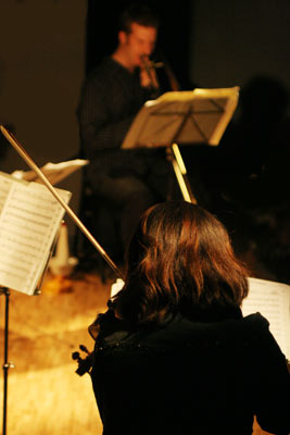 Meg Okura and Jacob Garchik with "Swallow-Talmor Sextet, L'Histoire Du Clochard" at Amr, Sud Des Alpes, Geneva, Switzerland,2005