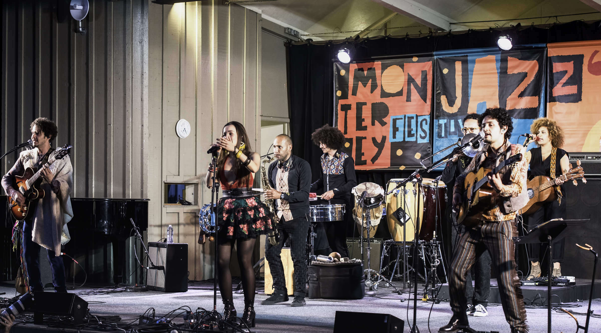 Santiago Prieto, Catalina Garcia, Jairo Alfonso, Darwin Paez, Miguel Guerra, Adina Meertins and Nicolas Junca with Monsieur Perrine at the Monterey Jazz Festival