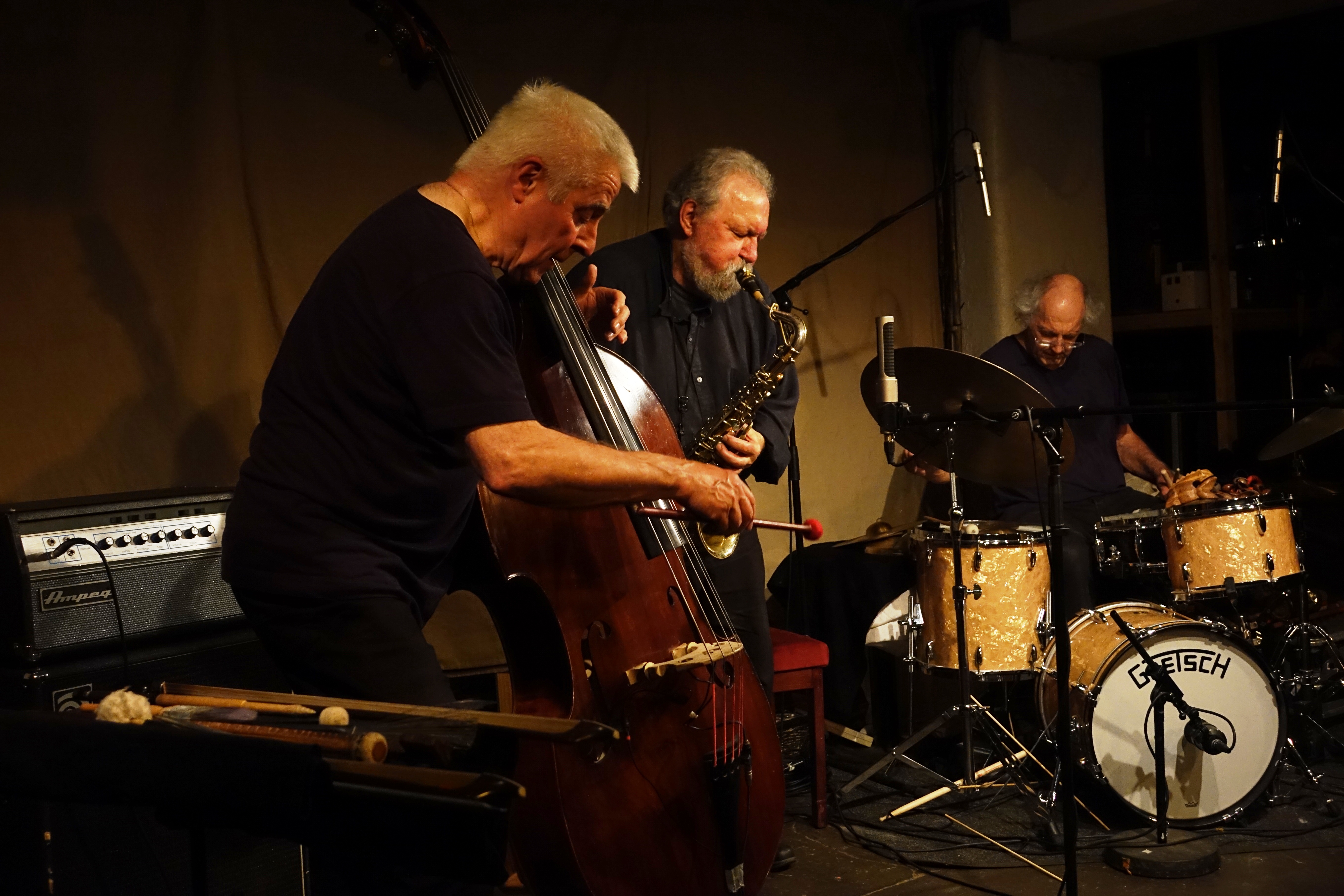 Barry Guy, Evan Parker and Paul Lytton at Evan Parker's 80th birthday celebration at Cafe Oto on 6 April 2024