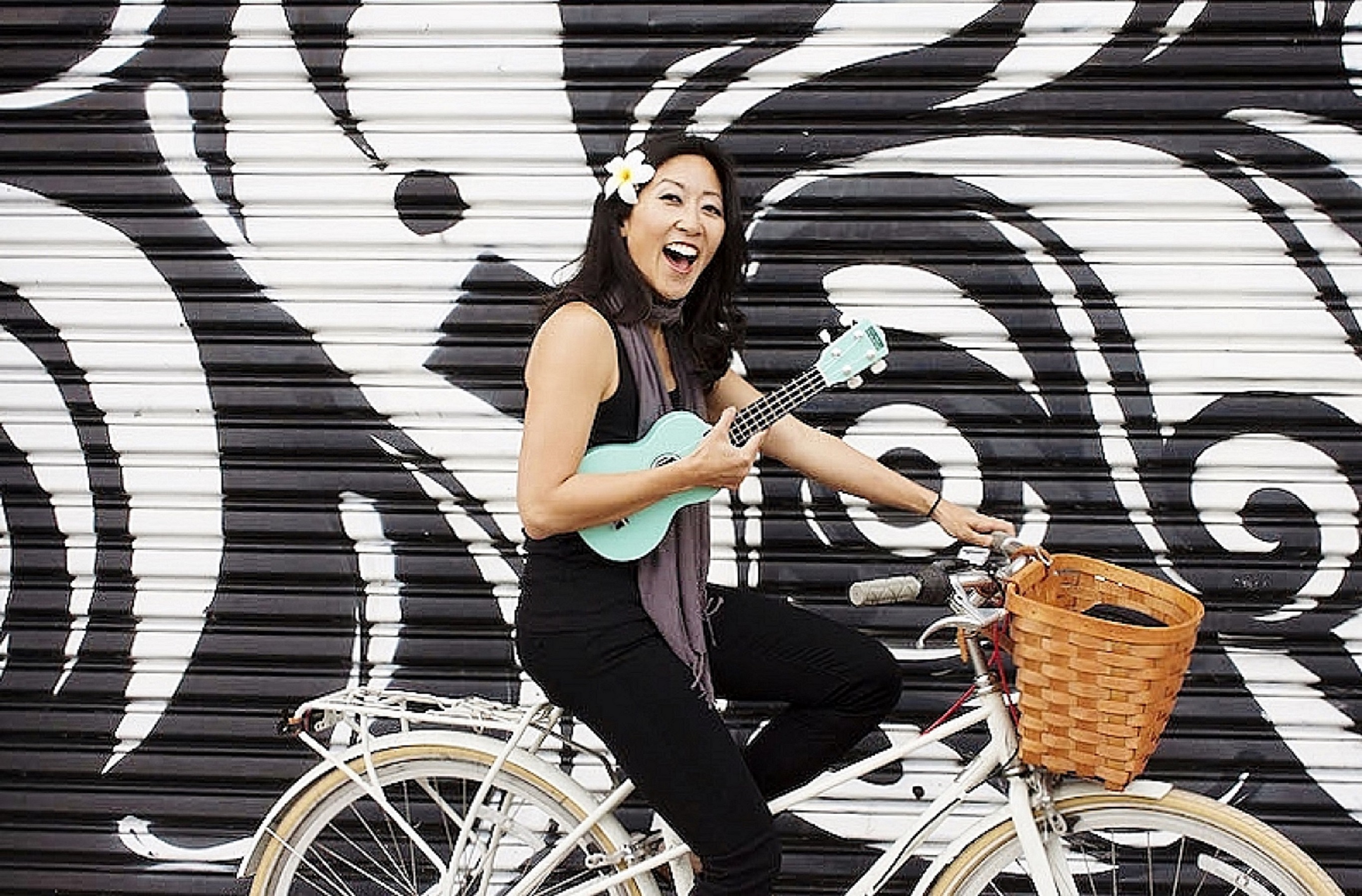 Cynthia Lin With Ukulele and Bicycle