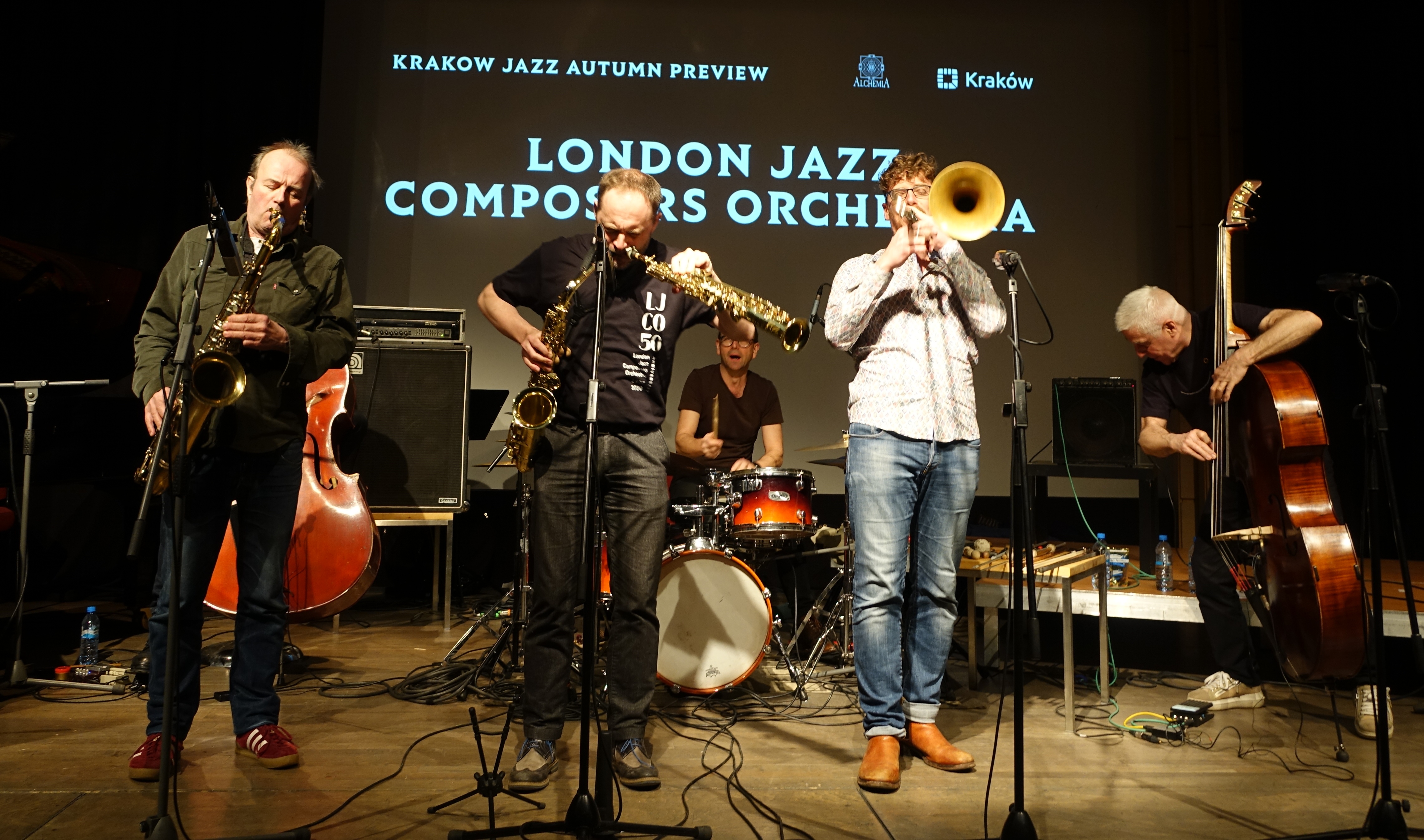 Simon Picard, Jürg Wickihalder, Lucas Niggli, Andreas Tschopp And Barry Guy At The Ljco 50 Year Anniversary In Krakow In March 2020