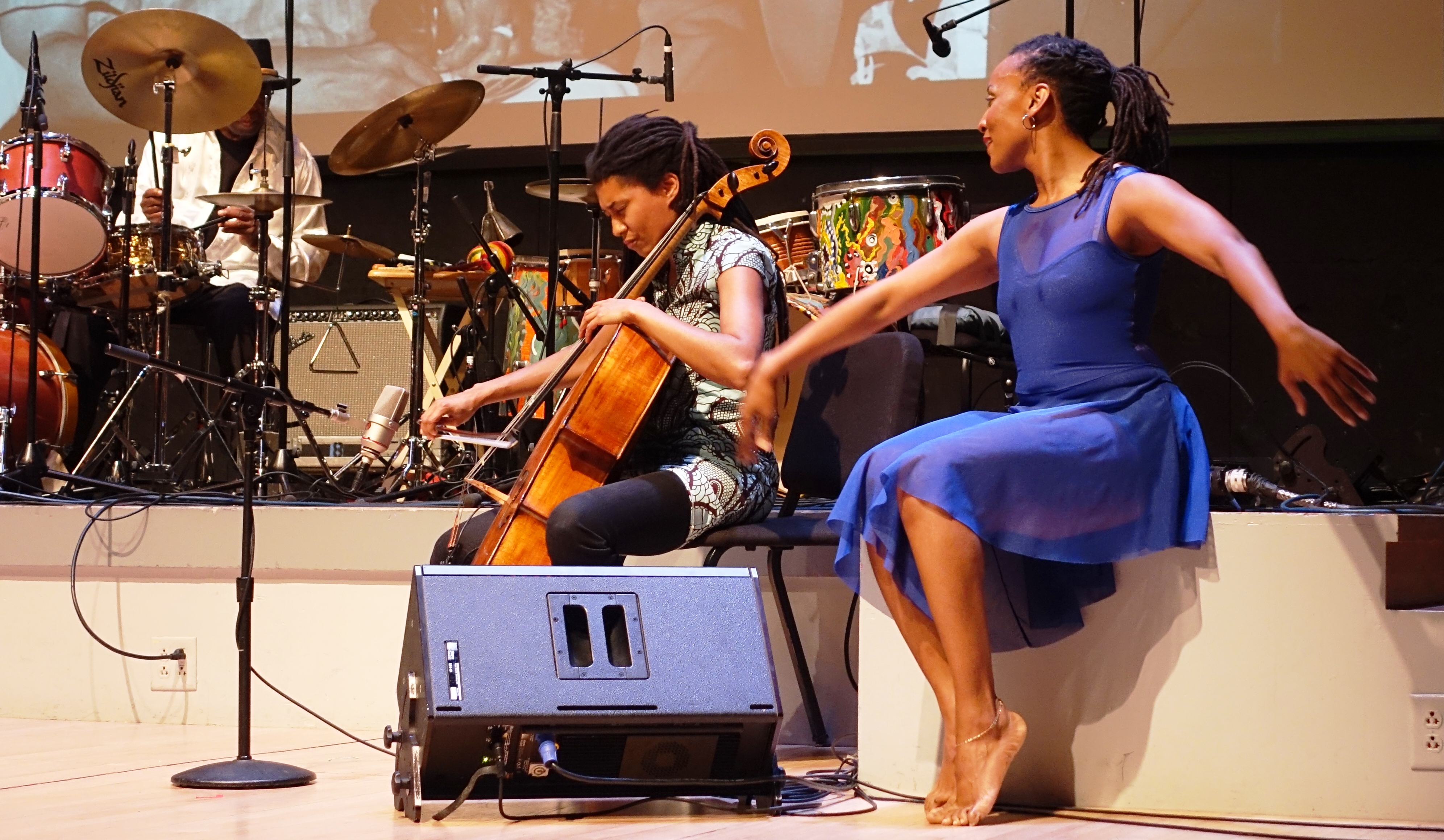 Andrew Cyrille, Tomeka Reid and Beatrice Capote at the Vision Festival in Roulette, Brooklyn in June 2019