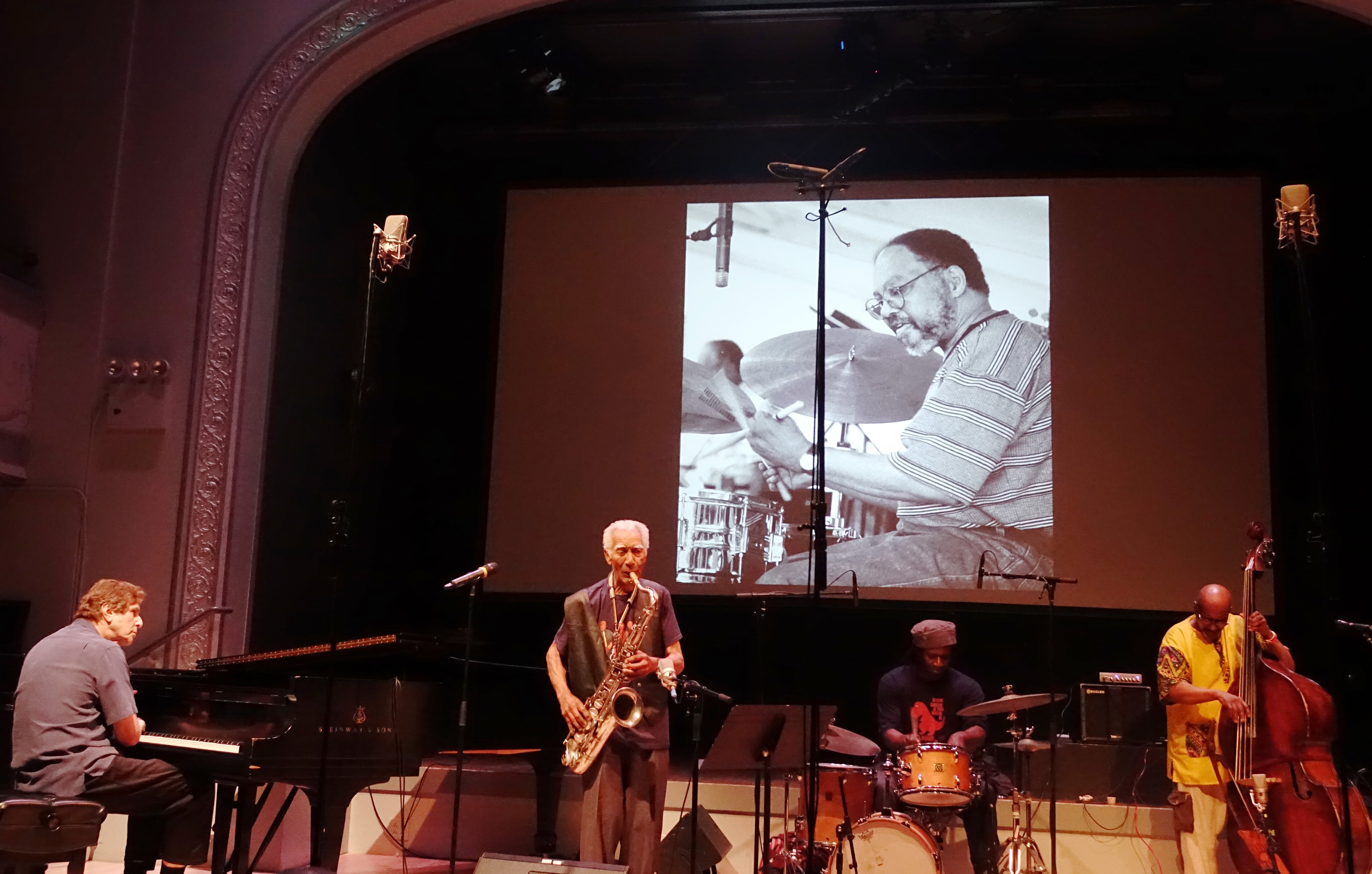 Joel Futterman, Kidd Jordan, Hamid Drake and William Parker at the Vision Festival in Roulette, Brooklyn in June 2019