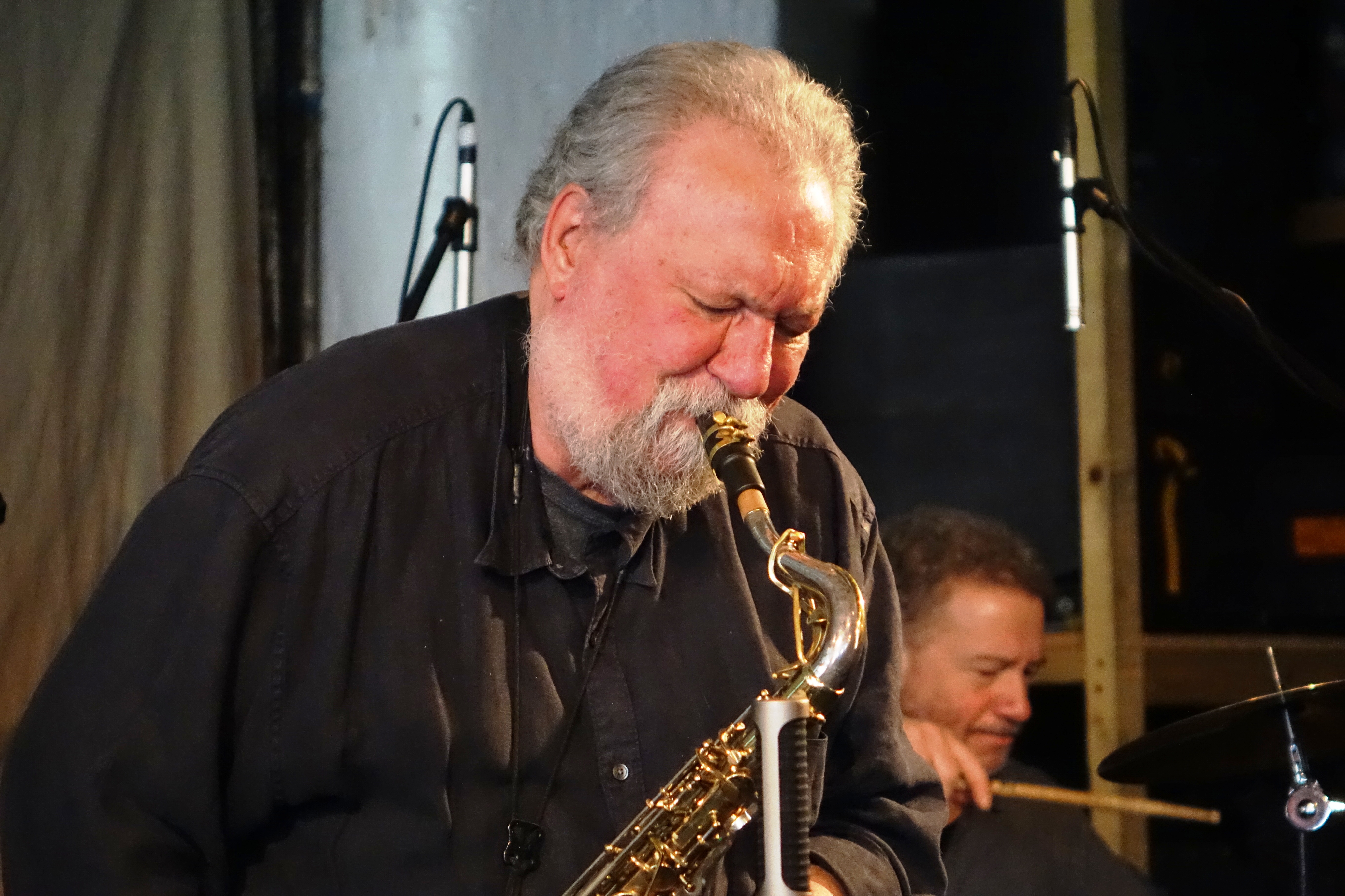 Evan Parker and Mark Sanders at Evan Parker's 80th birthday celebration at Cafe Oto on 7 April 2024