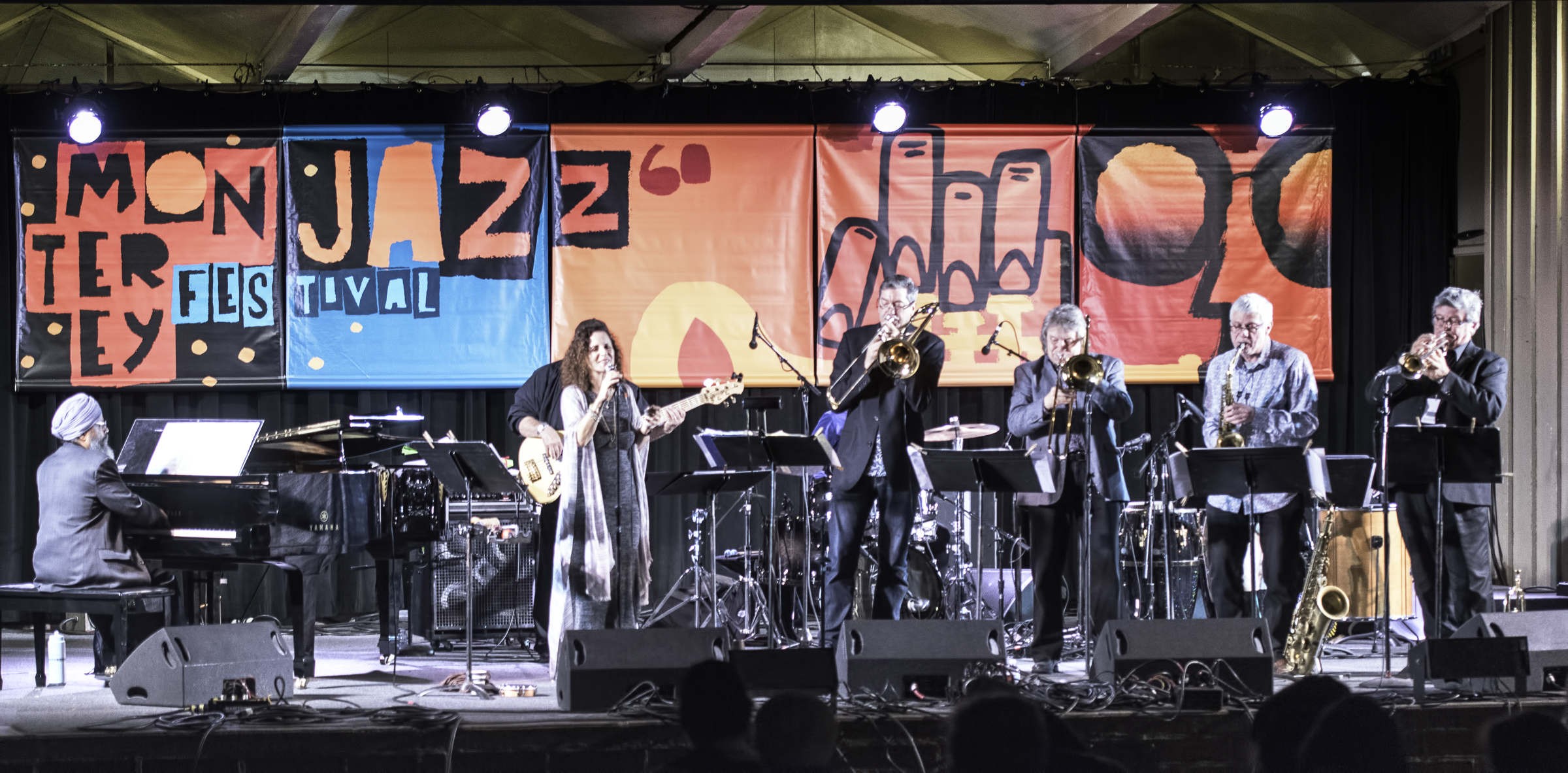 Jasnam Daya Singh, Sandy Cressman,  Jeff Cressman, Rodger Fox, Harvey Weinapel and Jon Papenbrook with Sandy Cressman Entre Amigos at the Monterey Jazz Festival