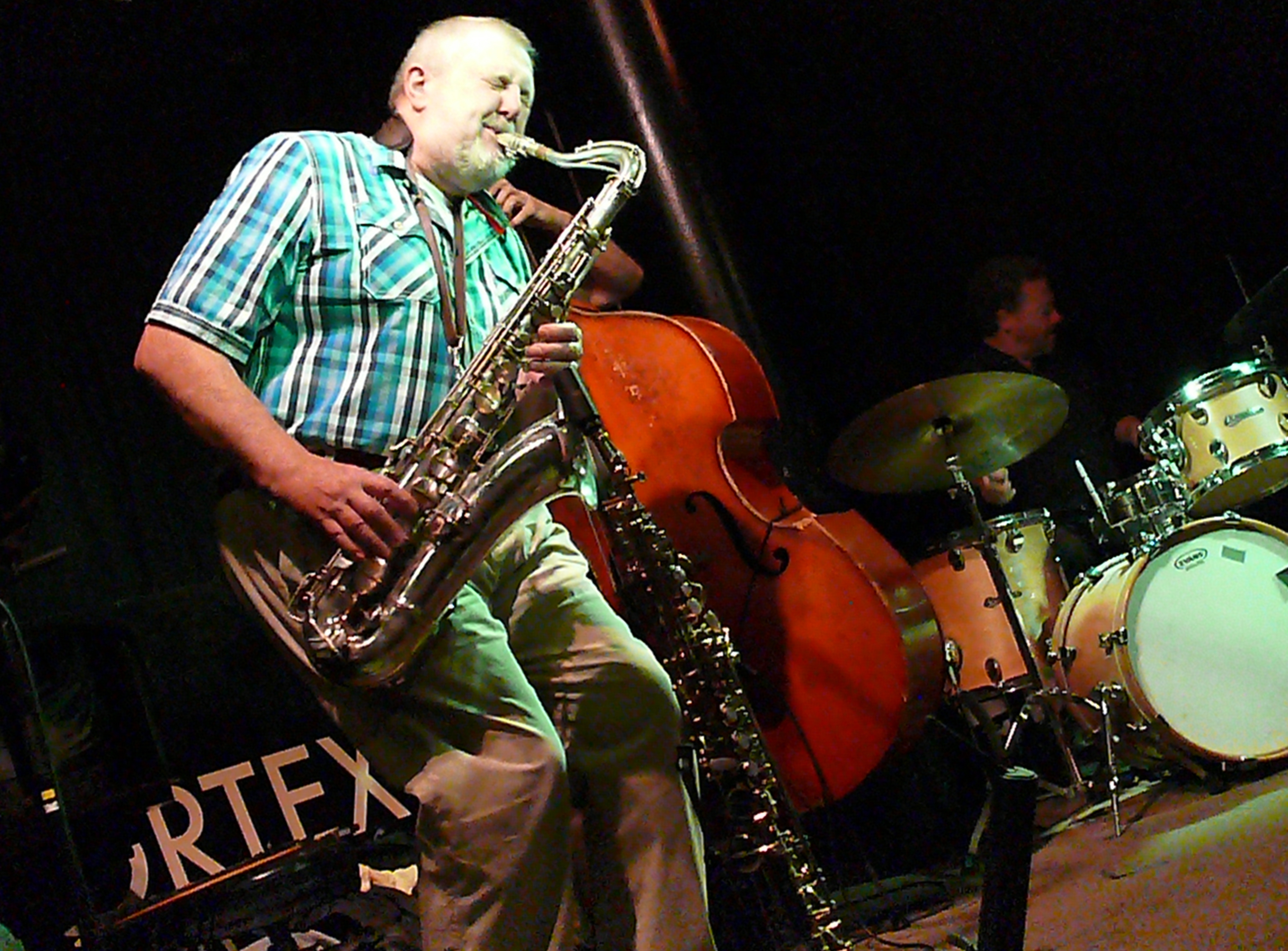 Paul Dunmall, John Edwards and Mark Sanders at the Vortex, London in August 2017