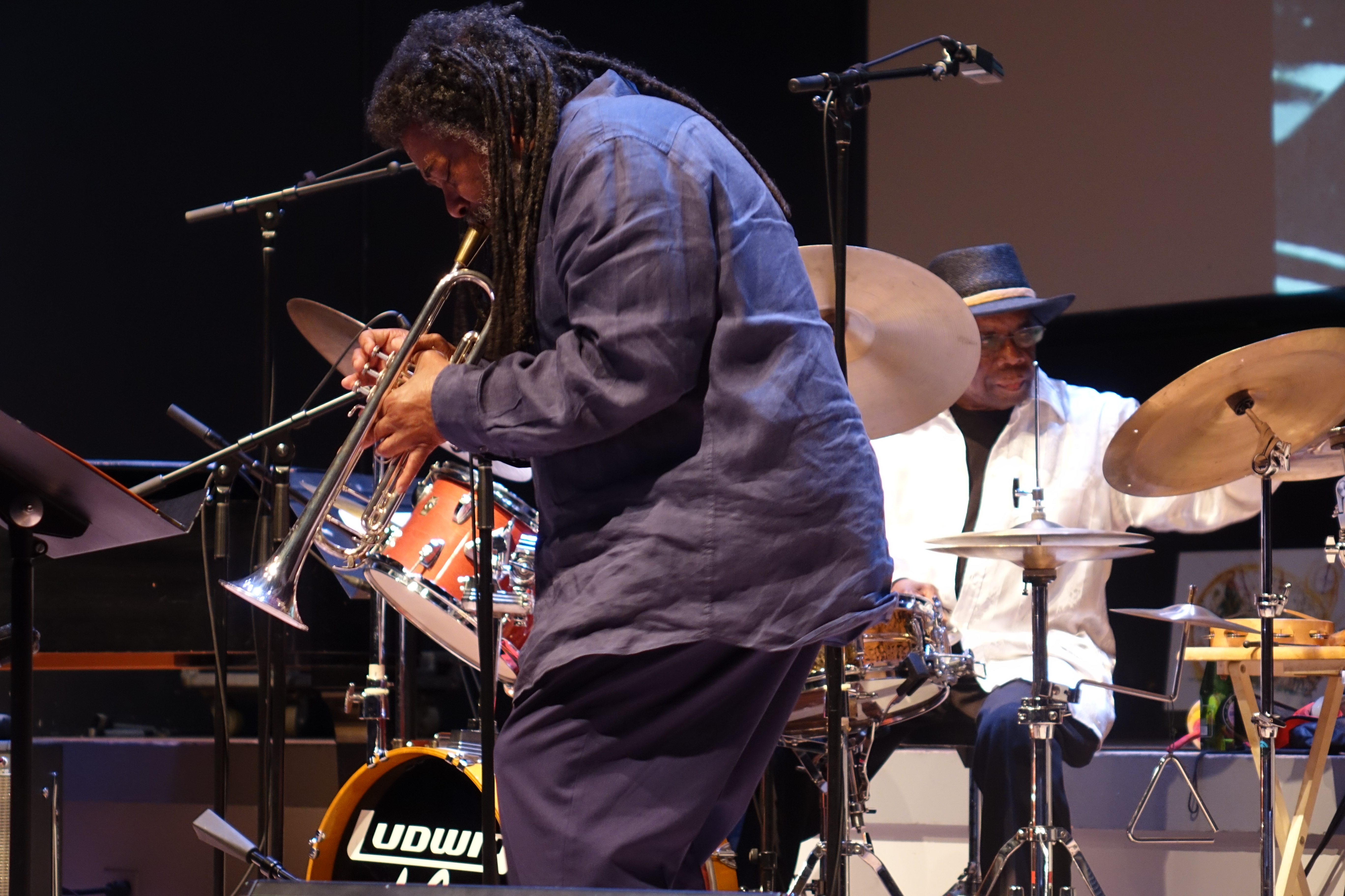 Wadada Leo Smith and Andrew Cyrille at the Vision Festival in Roulette, Brooklyn in June 2019