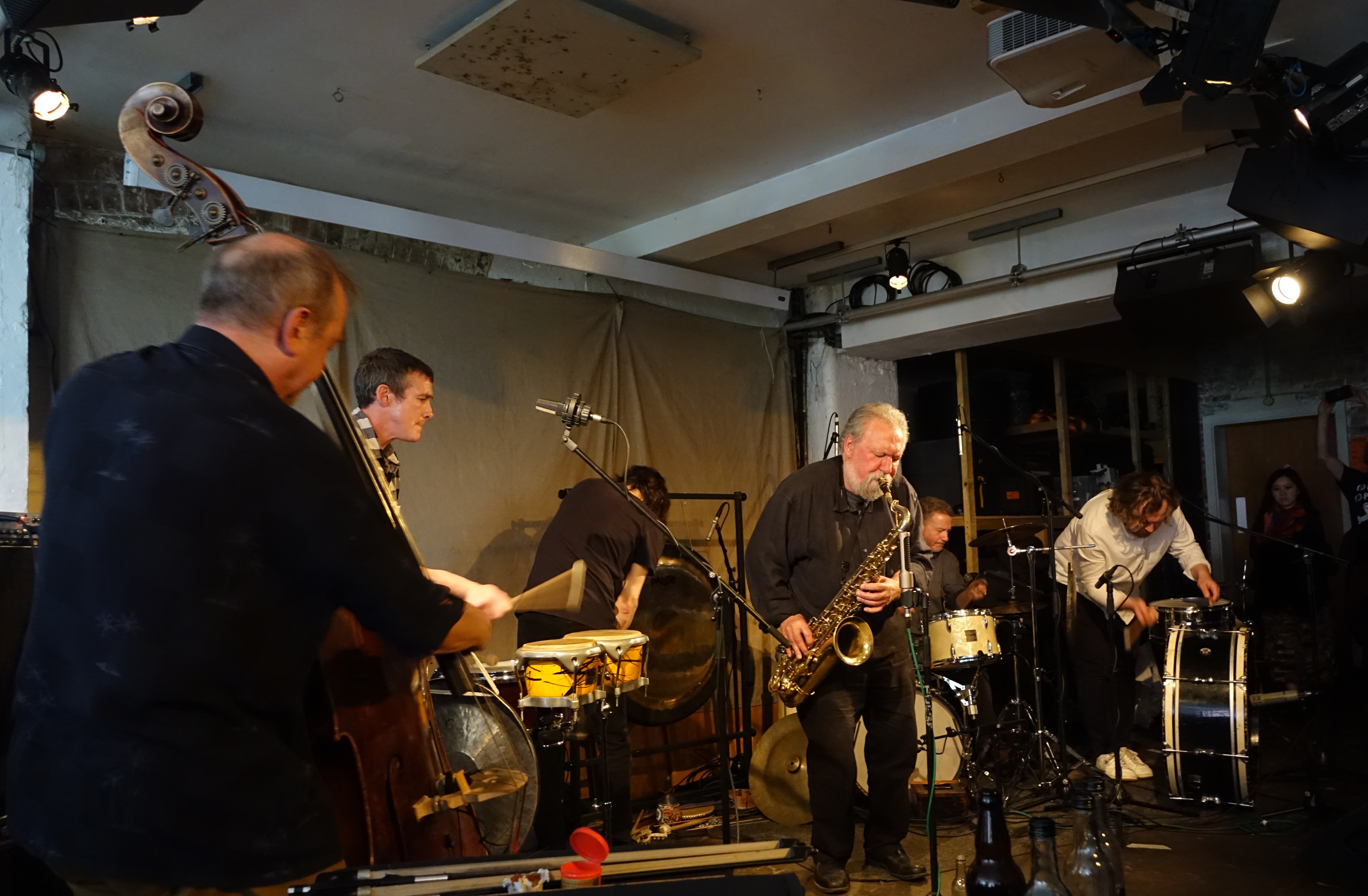 John Edwards, Jim Bashford, Miles Levin, Evan Parker, Mark Sanders and Tymek Jozwiak at Evan Parker's 80th birthday celebration at Cafe Oto on 7 April 2024