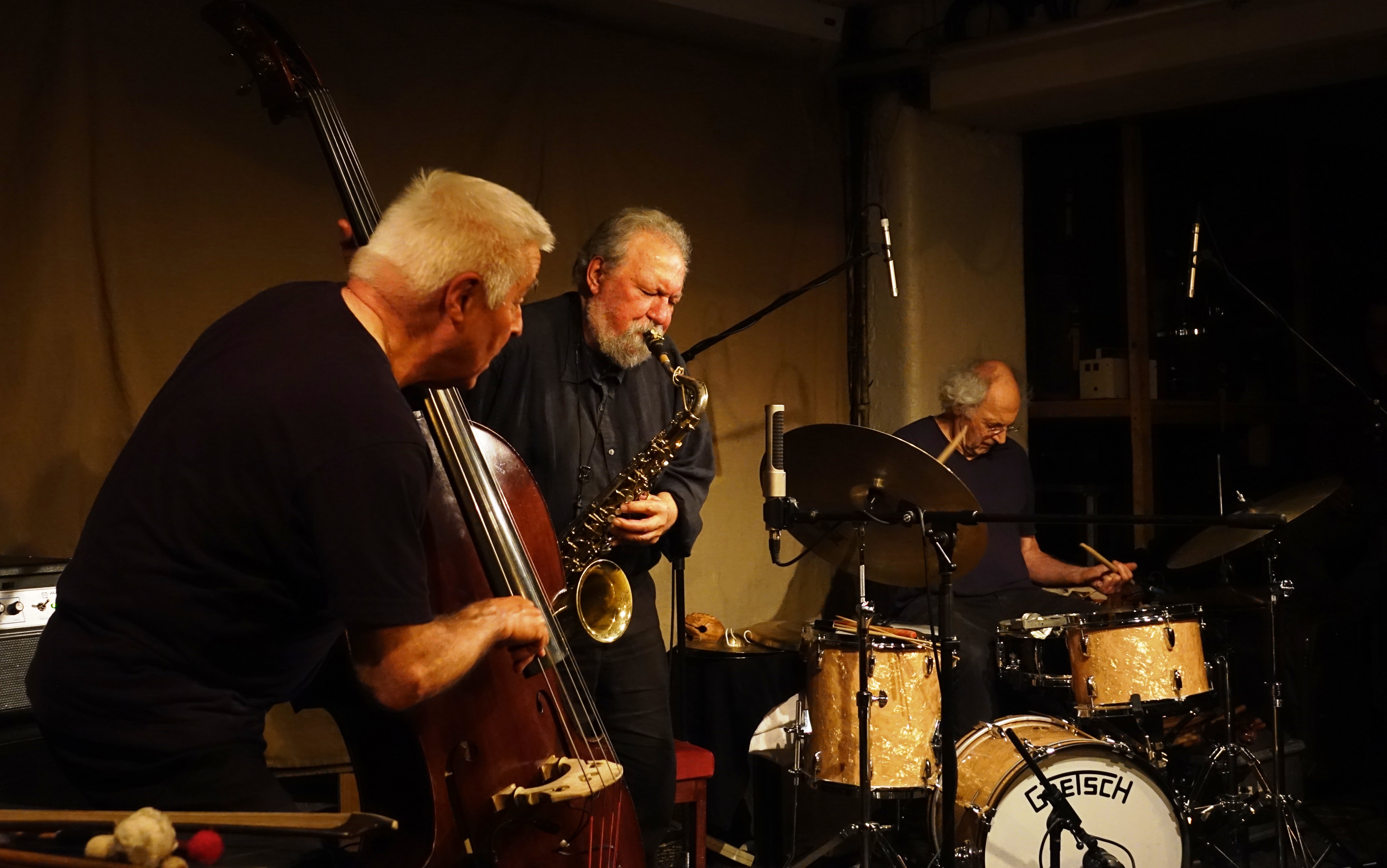 Barry Guy, Evan Parker and Paul Lytton at Evan Parker's 80th birthday celebration at Cafe Oto on 6 April 2024