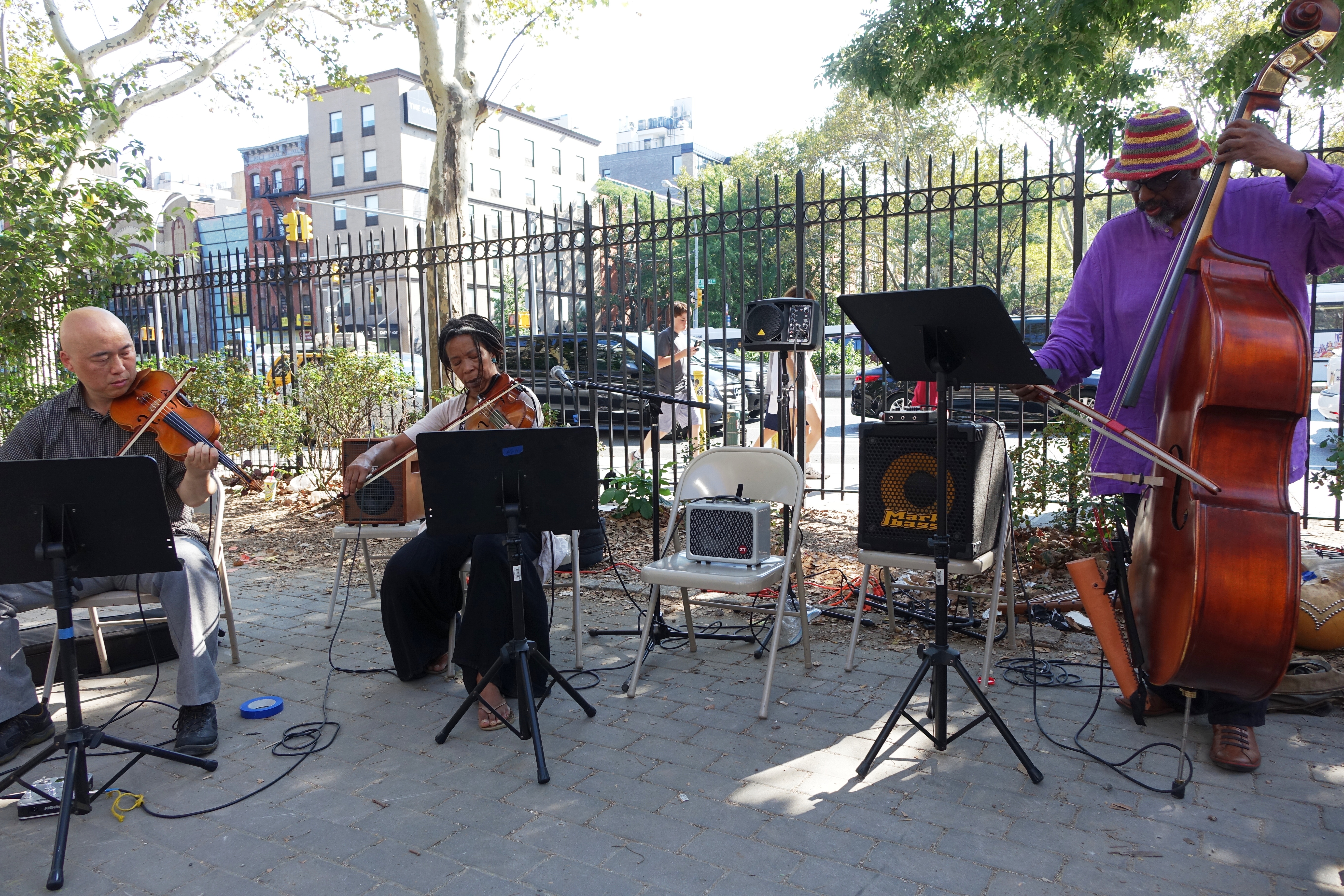 Jason Kao Hwang, Melanie Dyer and William Parker at First Street Green, NYC in September 2017