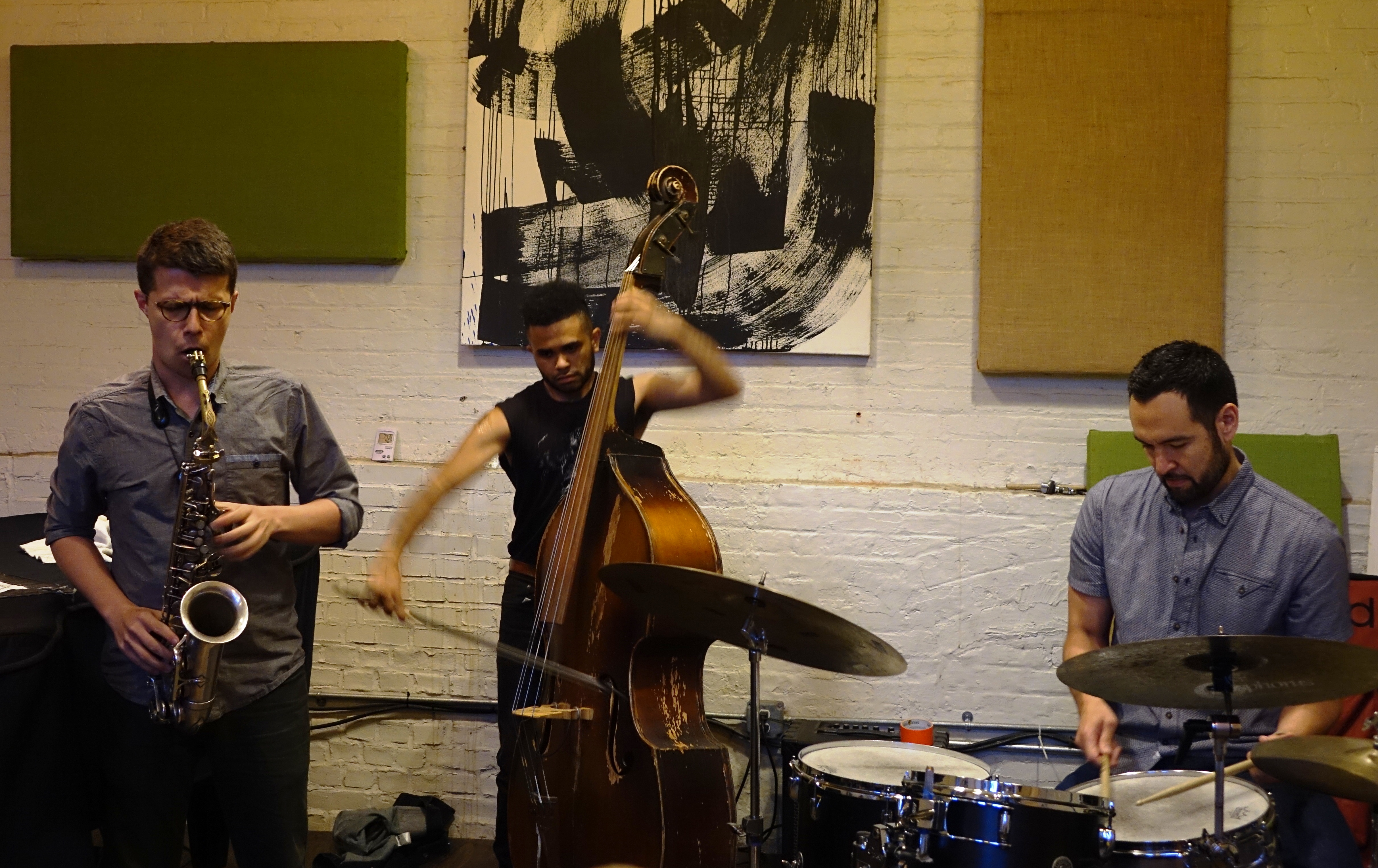 David Leon, Nick Dunston and Tomas Fujiwara at IBeam, Brooklyn in June 2019