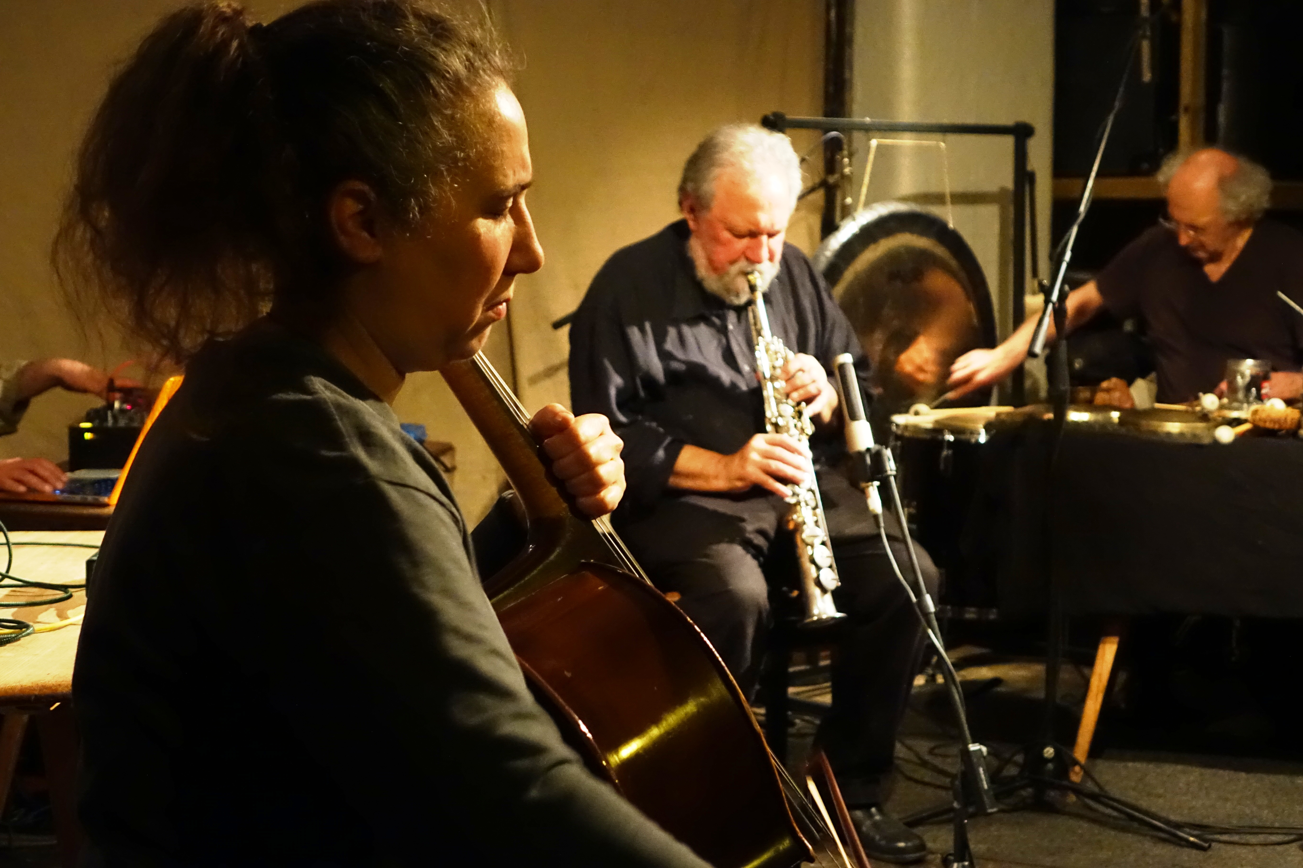 Hannah Marshall, Evan Parker and Paul Lytton at Evan Parker's 80th birthday celebration at Cafe Oto on 7 April 2024