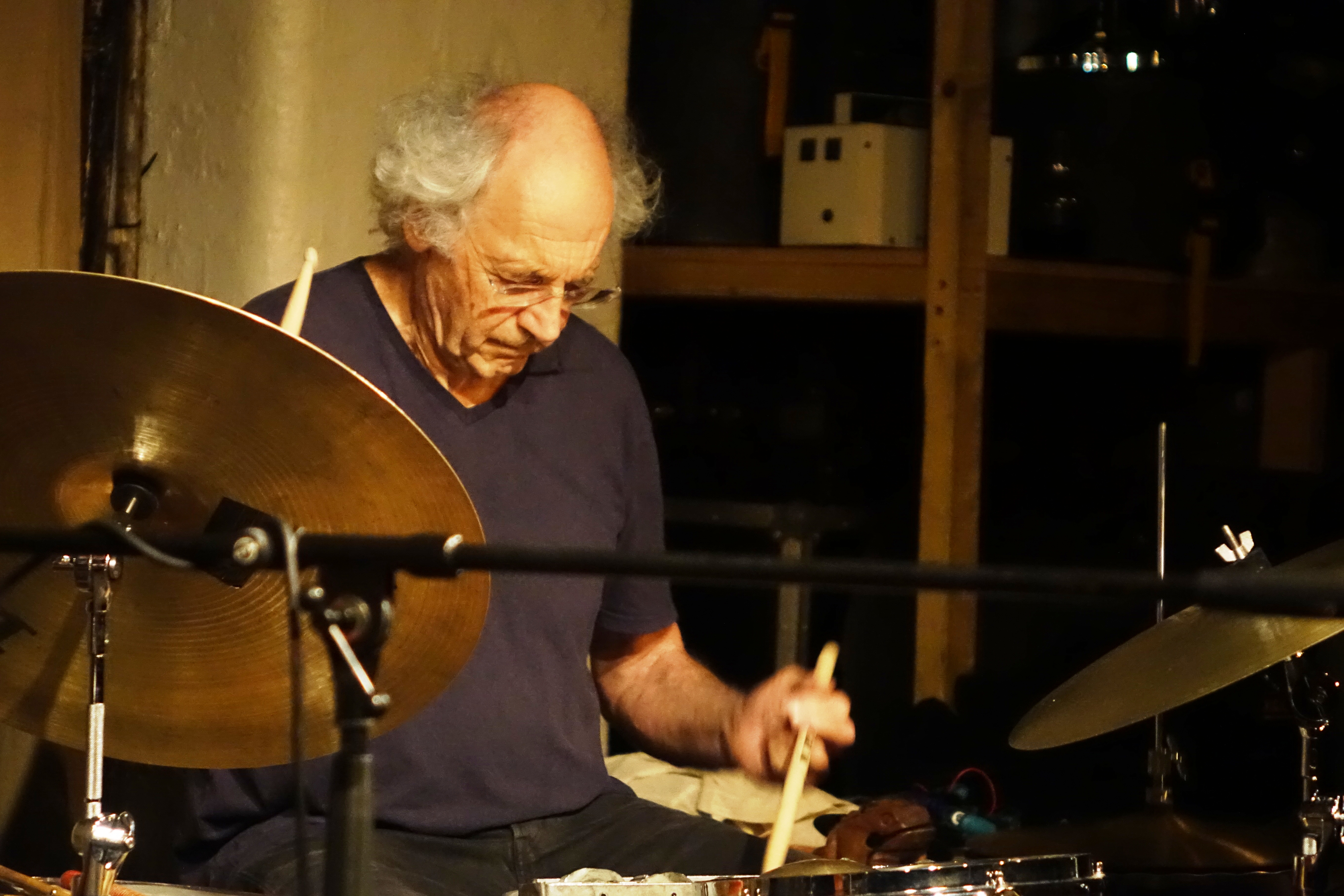 Paul Lytton at Evan Parker's 80th birthday celebration at Cafe Oto on 6 April 2024