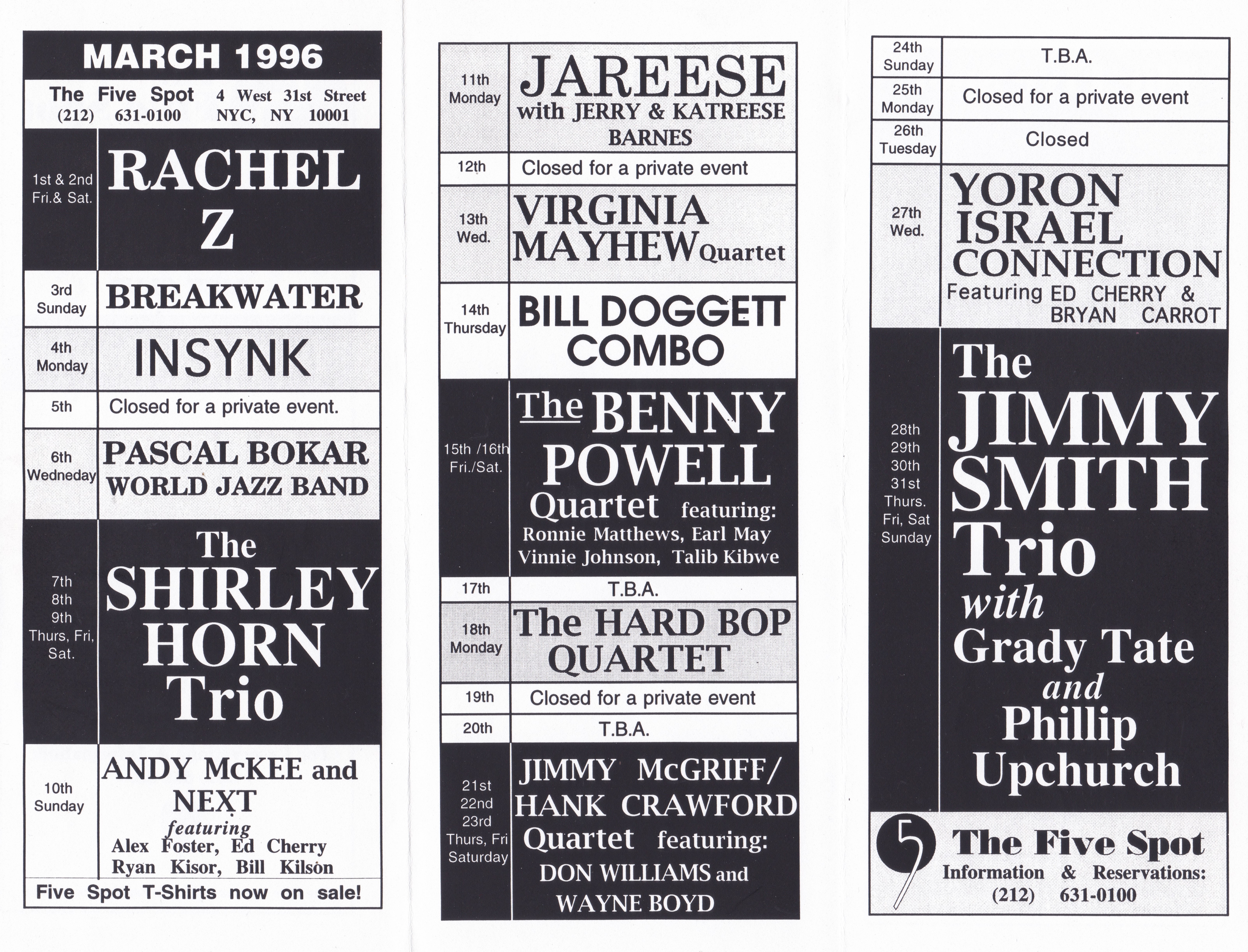 The Five Spot monthly lineup for March 1996