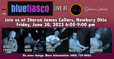 Blue Fiasco at Sharon James Cellars - event poster Blue Fiasco at Sharon James Cellars