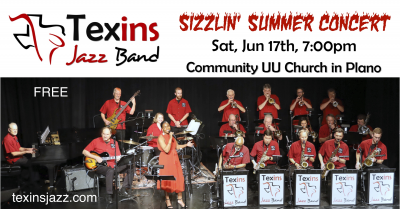 Texins Jazz Band 37th Anniversary Concert at Community Unitarian Universalist Church Of Plano - event poster Texins Jazz Band 37th Anniversary Concert at Community Unitarian Universalist Church Of Plano