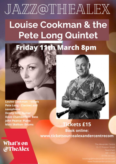 Jazz@thealex - Louise Cookman And The Pete Long Quintet at The Alexander Centre - event poster Jazz@thealex - Louise Cookman And The Pete Long Quintet at The Alexander Centre