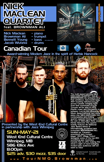 NICK MACLEAN QUARTET Feat. BROWNMAN ALI (Winnipeg) at West End Cultural Centre