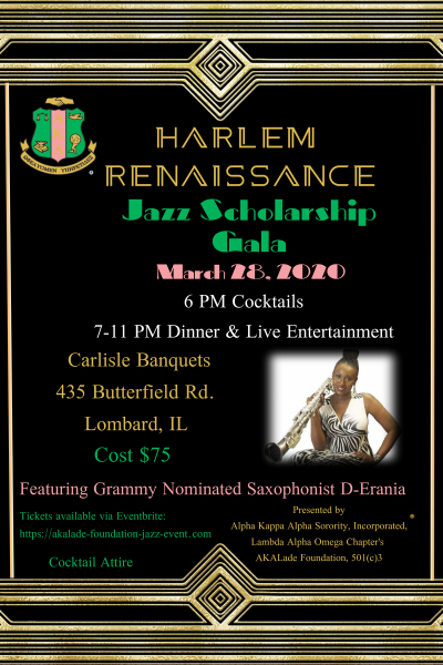 Harlem Renaissance Jazz Scholarship Gala/featuring Grammy Nominated Saxophonist D-erania at Carlisle Banquets - event poster Harlem Renaissance Jazz Scholarship Gala/featuring Grammy Nominated Saxophonist D-erania at Carlisle Banquets