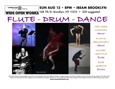 Flute-drum-dance Melissa Lohman-flavio Arcangeli-michel Gentile-rob Garcia at Ibeam Brooklyn - event poster Flute-drum-dance Melissa Lohman-flavio Arcangeli-michel Gentile-rob Garcia at Ibeam Brooklyn