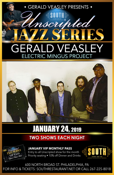 Electric Mingus Project At South Jazz -amazing Music Of Bass Legend Charles Mingus Performed By Gerald Veasley And Some Philly Giants: John Swana, Chris Farr, Tony Miceli, and harry Butch Reed at Gerald Veasley's Unscripted Jazz Series at South Jazz Club - event poster Electric Mingus Project At South Jazz -amazing Music Of Bass Legend Charles Mingus Performed By Gerald Veasley And Some Philly Giants: John Swana, Chris Farr, Tony Miceli, and harry Butch Reed at Gerald Veasley's Unscripted Jazz Series at South Jazz Club