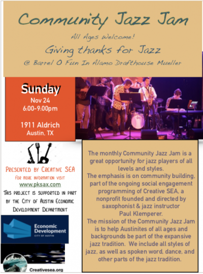 Community Jazz Jam at Barrel O' Fun - event poster Community Jazz Jam at Barrel O' Fun