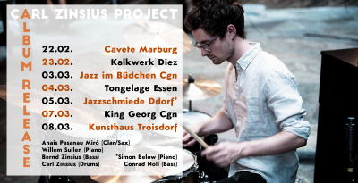 Carl Zinsius Project Album Release Tour: Five Banana - The Music Of Carla Bley at Büdchen Casablanca - event poster Carl Zinsius Project Album Release Tour: Five Banana - The Music Of Carla Bley at Büdchen Casablanca