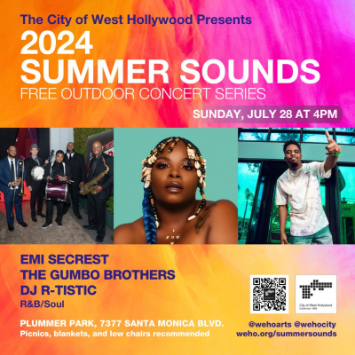Emi Secrest, The Gumbo Brothers, Dj R-tistic at Summer Sounds Series at Plummer Park - event poster Emi Secrest, The Gumbo Brothers, Dj R-tistic at Summer Sounds Series at Plummer Park