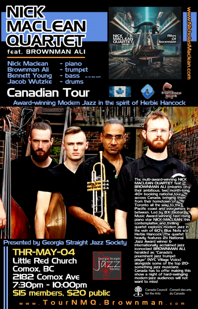 NICK MACLEAN QUARTET Feat. BROWNMAN ALI (Comox) at Little Red Church - event poster NICK MACLEAN QUARTET Feat. BROWNMAN ALI (Comox) at Little Red Church