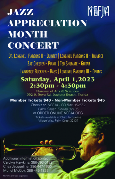 Longineu Parsons To Celebrate JAM at Daytona Beach Museum Of Arts & Sciences - event poster Longineu Parsons To Celebrate JAM at Daytona Beach Museum Of Arts & Sciences