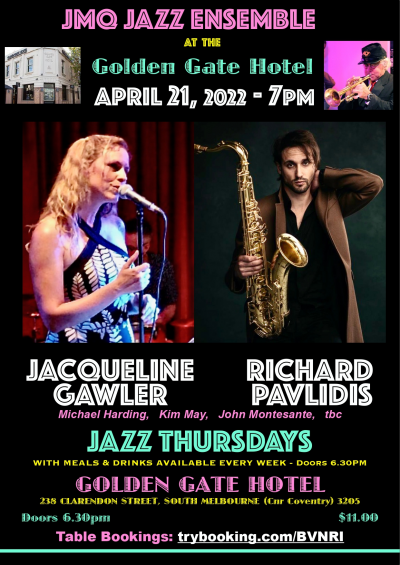 Jacqueline Gawler & Richard Pavlidis Feature With JMQ Jazz Ensemble at The Golden Gate Hotel - event poster Jacqueline Gawler & Richard Pavlidis Feature With JMQ Jazz Ensemble at The Golden Gate Hotel