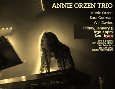 Annie Orzen Trio - Home For The Holidays! at Bird & Beckett Books & Records - event poster Annie Orzen Trio - Home For The Holidays! at Bird & Beckett Books & Records
