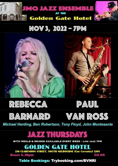 Rebecca Barnard + Paul Van Ross Feat. With JMQ Jazz Ensemble at The Golden Gate Hotel