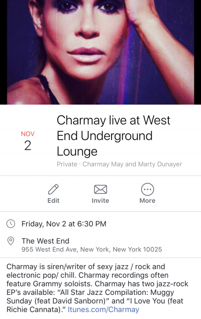 Charmay at The West End Lounge - event poster Charmay at The West End Lounge