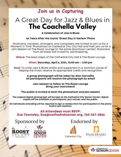 A Great Day For Jazz & Blues In The Coachella Valley at Cathedral City City Hall - event poster A Great Day For Jazz & Blues In The Coachella Valley at Cathedral City City Hall