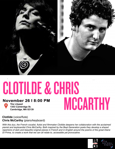 Chris Mccarthy And Clotilde Duo - Pieces Of A Song At The Lilypad 11/26 at Lilypad - event poster Chris Mccarthy And Clotilde Duo - Pieces Of A Song At The Lilypad 11/26 at Lilypad