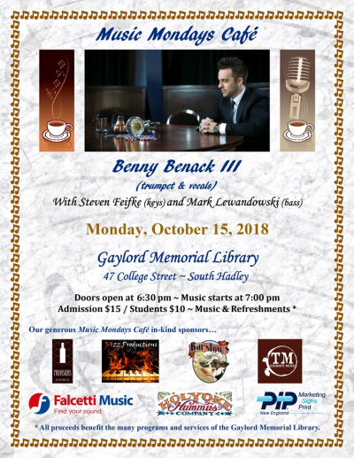 Benny Benack III at Music Mondays Cafe Series at Gaylord Memorial Library - event poster Benny Benack III at Music Mondays Cafe Series at Gaylord Memorial Library