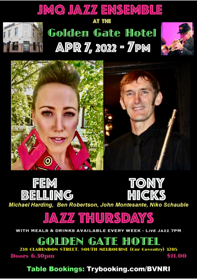 Fem Belling + Tony Hicks feat With JMQ Jazz Ensemble at The Golden Gate Hotel - event poster Fem Belling + Tony Hicks feat With JMQ Jazz Ensemble at The Golden Gate Hotel