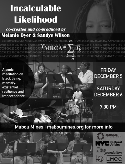 Melanie Dyer's Incalculable Likelihood at Mabou Mines - event poster Melanie Dyer's Incalculable Likelihood at Mabou Mines