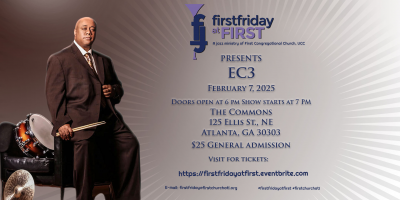 Drummer EC3 Featured At The February 2025 First Friday At First at The Commons at First Congregational Church - event poster Drummer EC3 Featured At The February 2025 First Friday At First at The Commons at First Congregational Church