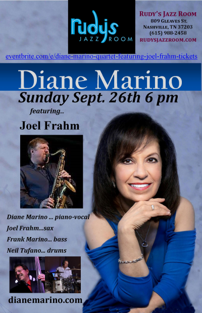 Diane Marino Quartet featuring Joel Frahm at Rudy's Jazz Room - event poster Diane Marino Quartet featuring Joel Frahm at Rudy's Jazz Room