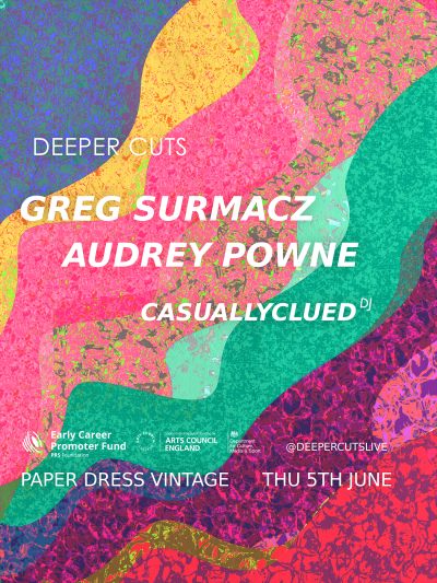 Deeper Cuts: Greg Surmacz + Audrey Powne + Casuallyclued (DJ) at Paper Dress Vintage - event poster Deeper Cuts: Greg Surmacz + Audrey Powne + Casuallyclued (DJ) at Paper Dress Vintage