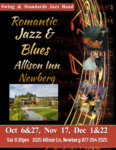 The Swing & Standards Jazz Band The Allison Dec 22 at The Allison Inn & Spa - event poster The Swing & Standards Jazz Band The Allison Dec 22 at The Allison Inn & Spa