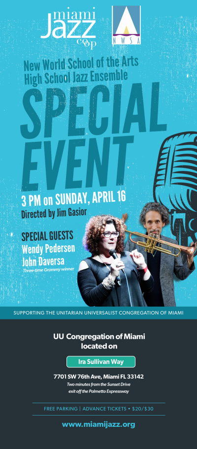 New World School Jazz Ensemble With Special Guests Wendy Pedersen And John Daversa at Unitarian Universalist Miami - event poster New World School Jazz Ensemble With Special Guests Wendy Pedersen And John Daversa at Unitarian Universalist Miami