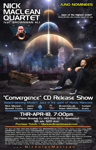 NICK MACLEAN QUARTET Feat. BROWNMAN ALI -- JUNO Nominated Jazz (newmarket) at Old Flame Brewing (newmarket, Canada) - event poster NICK MACLEAN QUARTET Feat. BROWNMAN ALI -- JUNO Nominated Jazz (newmarket) at Old Flame Brewing (newmarket, Canada)