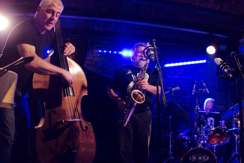 Barry Guy, Evan Parker and Paul Lytton at Alchemia, Krakow in November 2012© 2012 John Sharpe